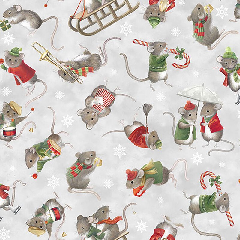 A whimsical, festive pattern featuring mice in Christmas attire, sledding and playing in the snow on a light gray background.