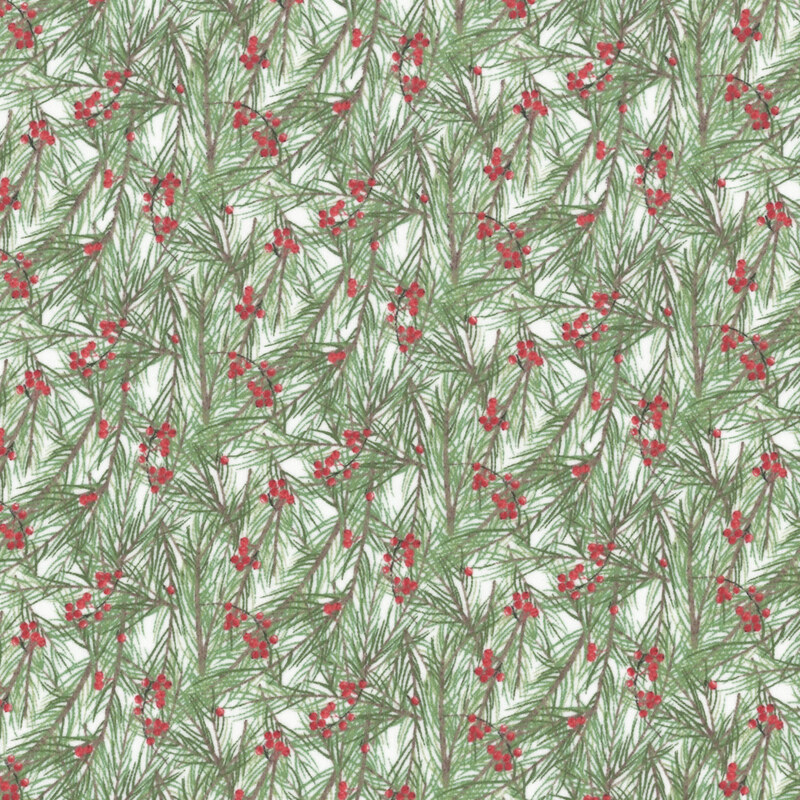 Packed pattern of ornate and detailed holly branches and berries on a white background.