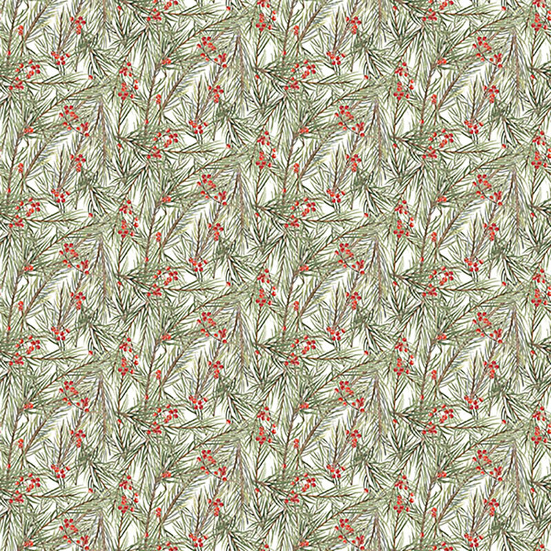 Packed pattern of ornate and detailed holly branches and berries on a white background.