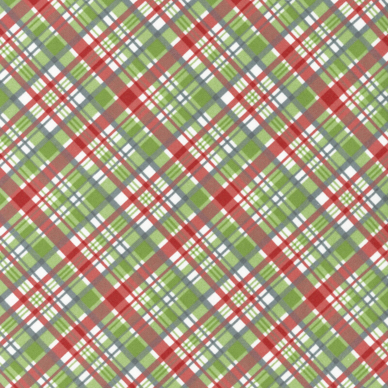 Red, gray, and green plaid pattern in a diamond layout.