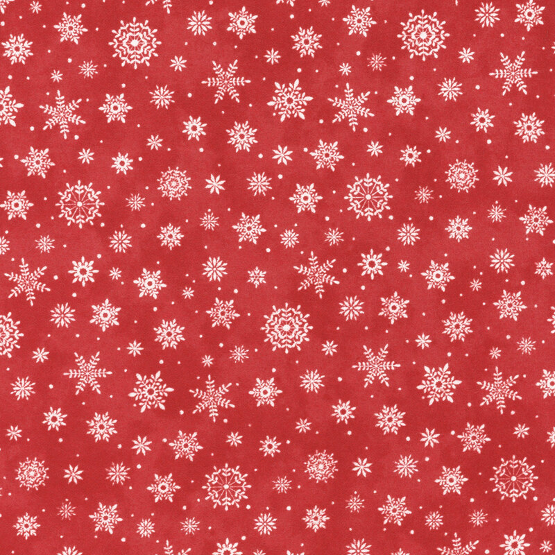 Mottled red background with a repeating pattern of white snowflakes.