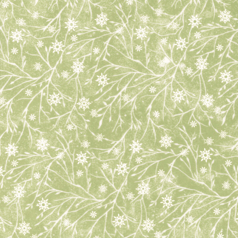 Light sage green background with a subtle branch and snowflake pattern featuring delicate lines and small dots.