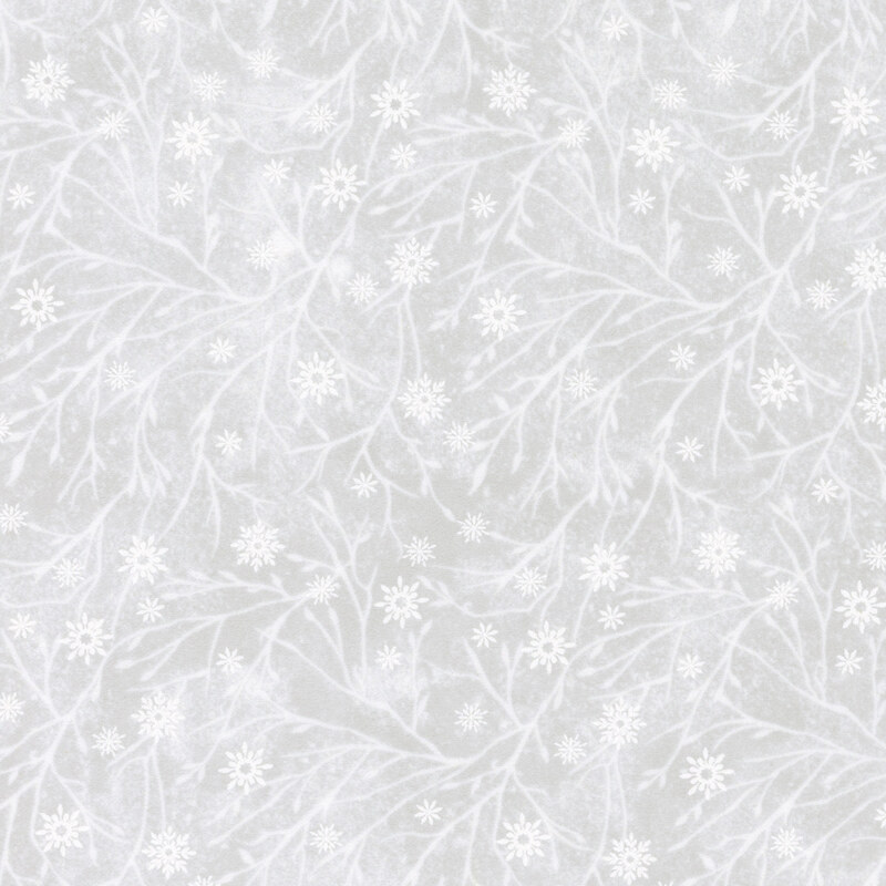 Light gray background with a subtle branch and snowflake pattern featuring delicate lines and small dots.