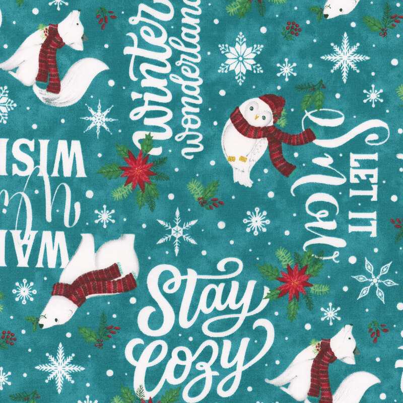 Teal fabric with polar bears, snowflakes, and winter words and motifs.