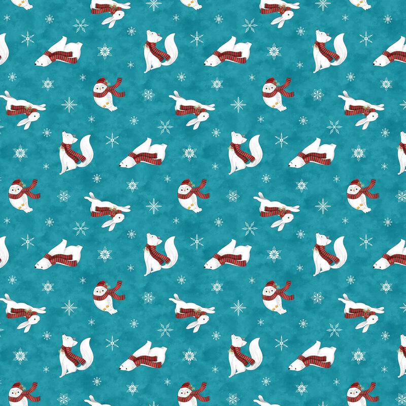 Teal fabric with small scattered white snowflakes and festive polar bears, foxes, and owls wearing red scarves.