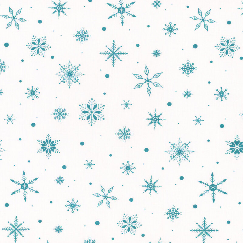 White fabric with small scattered aqua snowflakes.