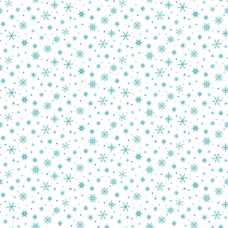 White fabric with small scattered aqua snowflakes.