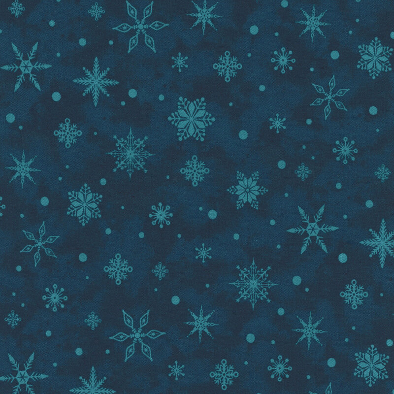 Navy fabric with small scattered aqua snowflakes.