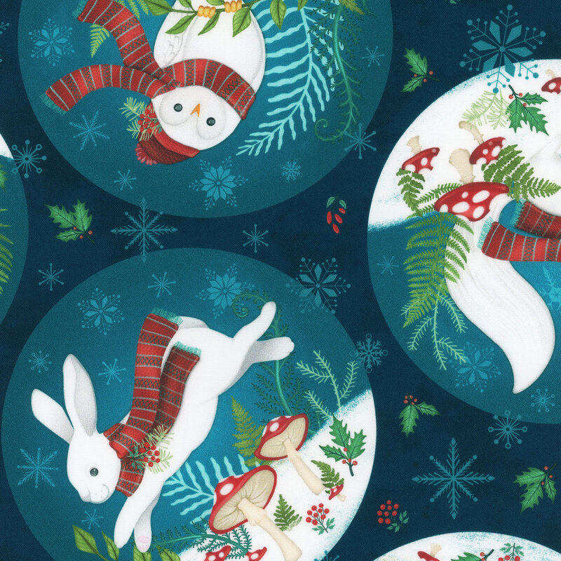 A repeating pattern of snowmen, rabbits, and foxes in winter scarves, set against a navy background of scattered snowflakes.