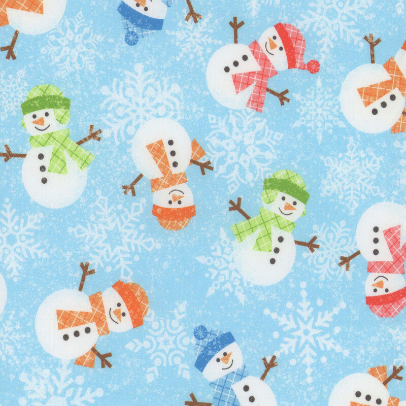 Cheerful snowmen wearing colorful hats and scarves on a light blue background with snowflakes.