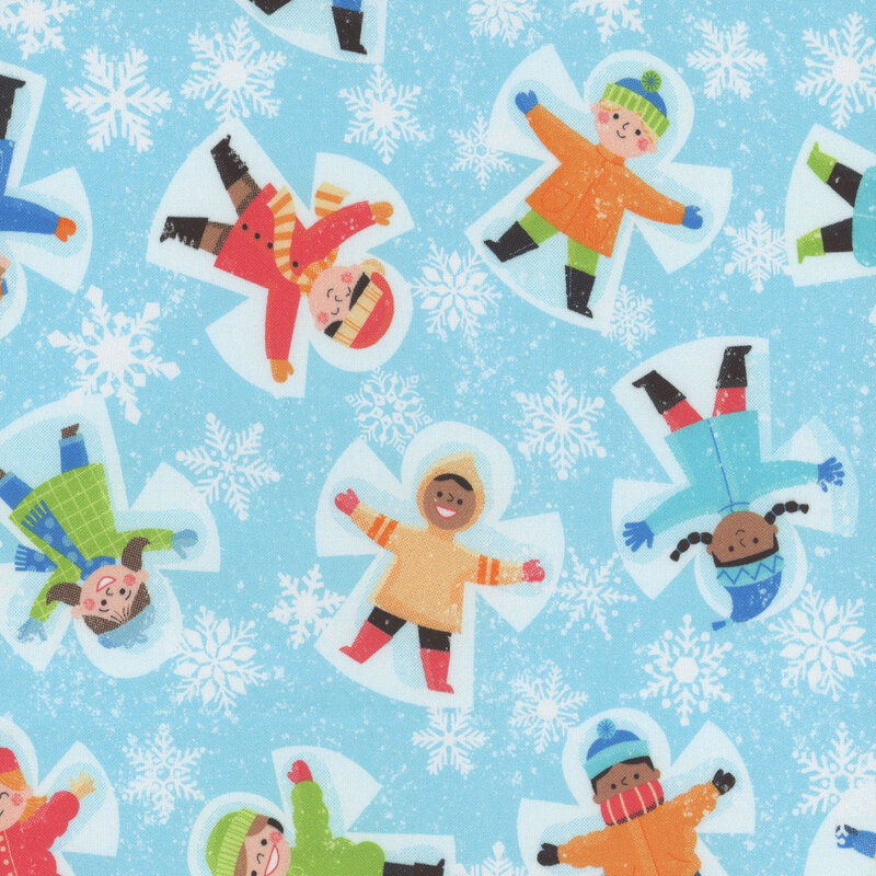 Children wearing colorful outfits making snow angels on a light blue background with snowflakes.