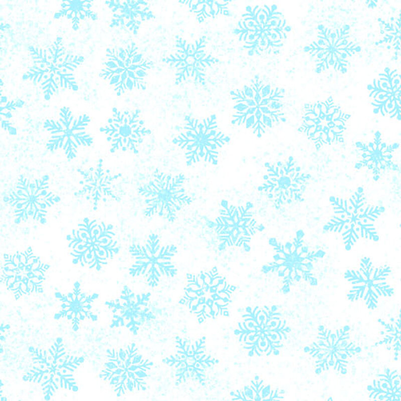 Light blue snowflakes scattered across a white fabric background.