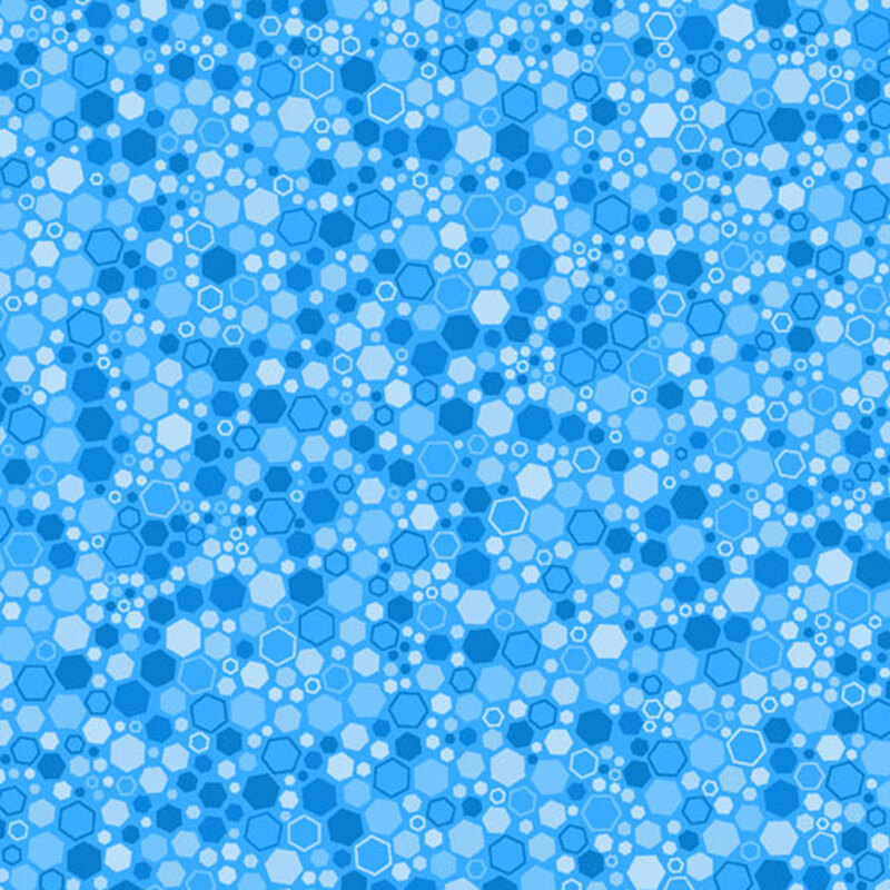 A textured blue background featuring various overlapping circles and hexagons in lighter shades.