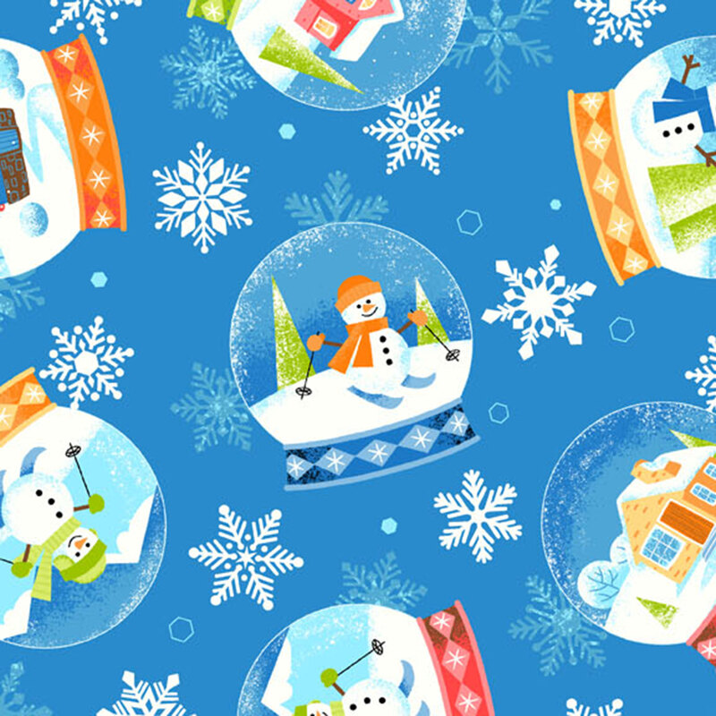 Blue fabric featuring snowmen in various poses inside of snowglobes, with scattered snowflakes between.