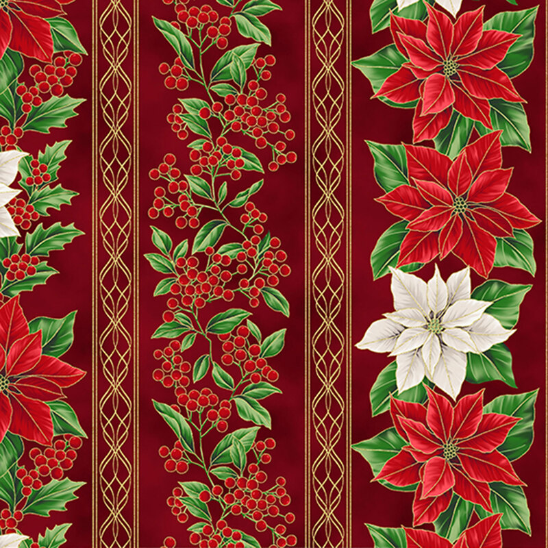 Red and white poinsettias, holly berries, and green leaves on a red background with metallic accents and ornate stripes running across the fabric.