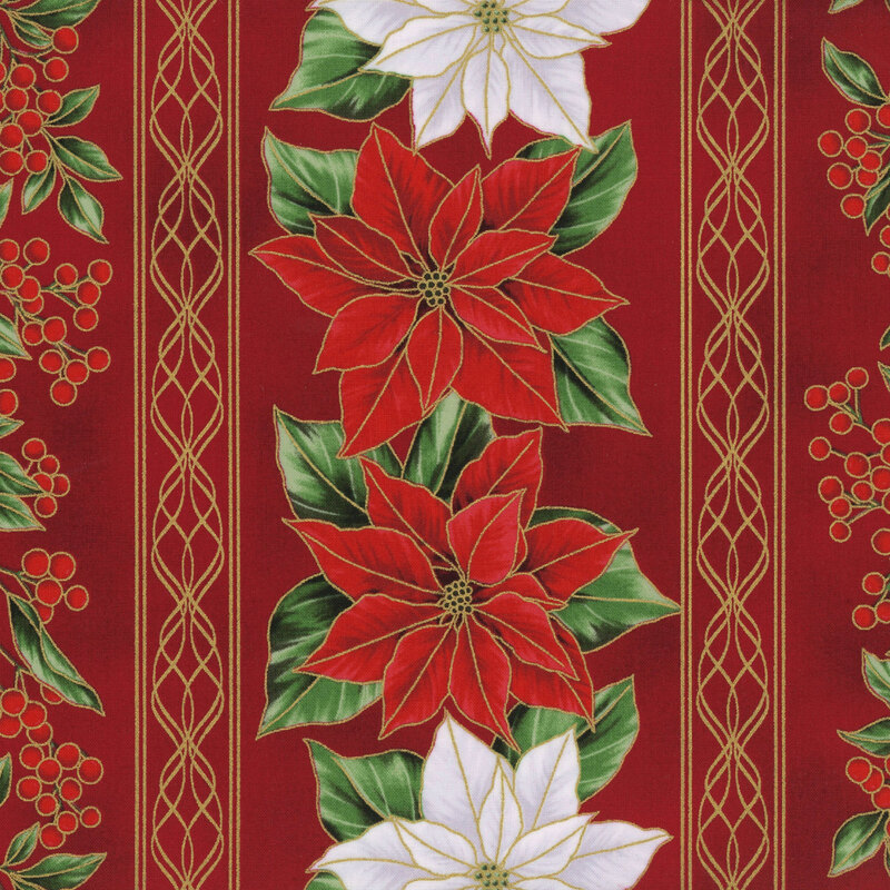 Red and white poinsettias, holly berries, and green leaves on a red background with metallic accents and ornate stripes running across the fabric.