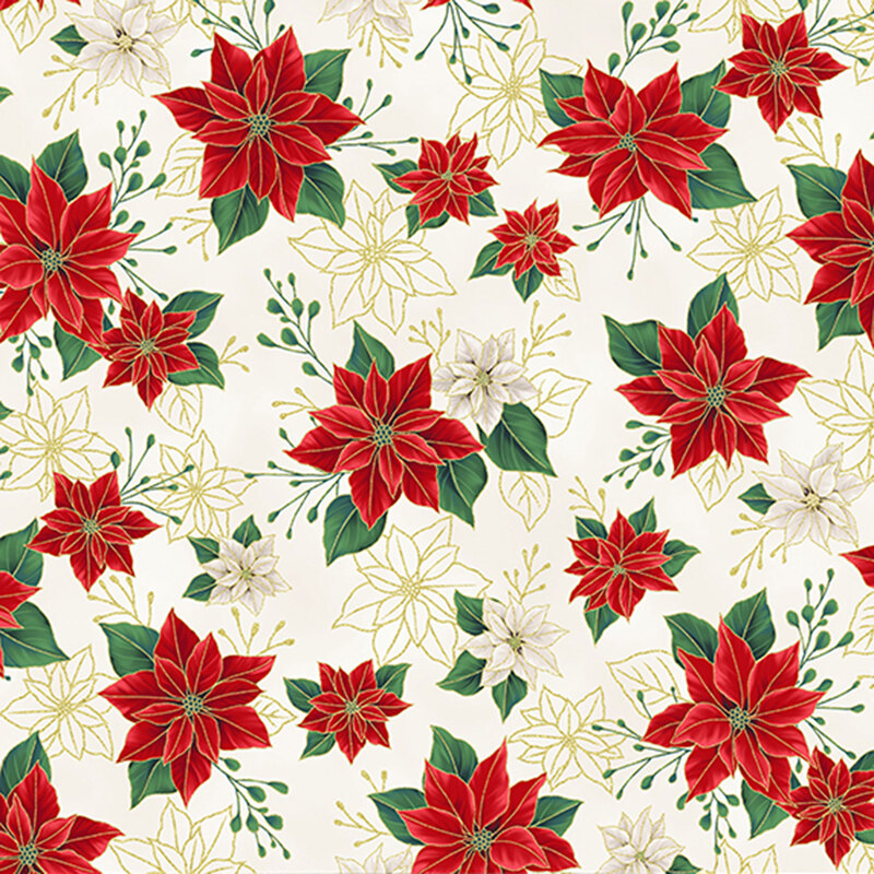 Cream fabric with small vibrant red and white poinsettias with uncolored, outlined versions with metallic accents.