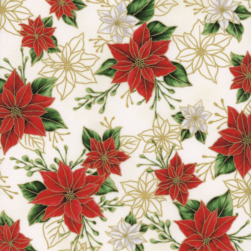 Cream fabric with small vibrant red and white poinsettias with uncolored, outlined versions with metallic accents.