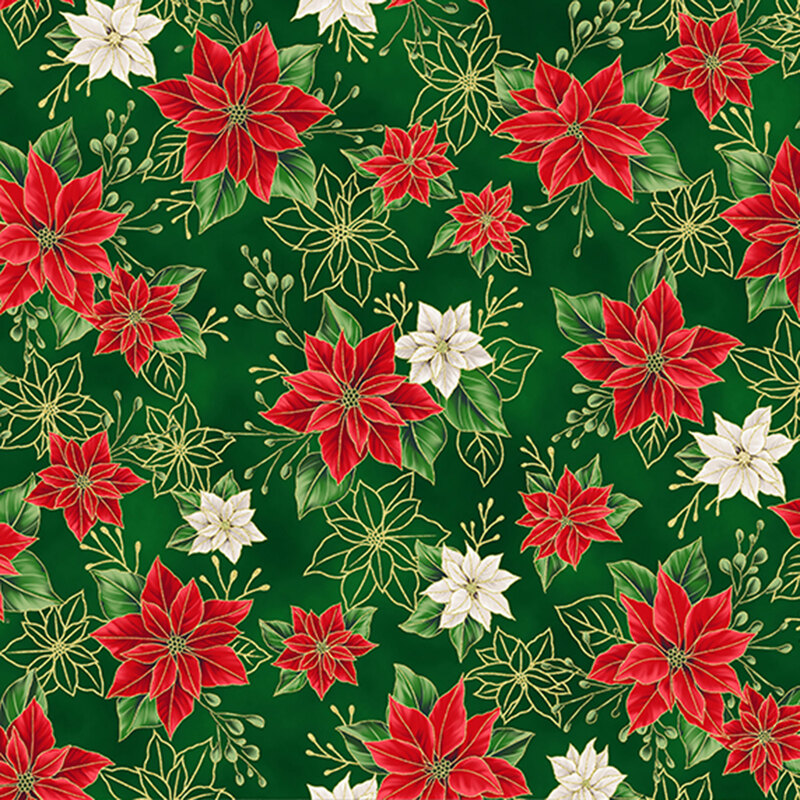 Green fabric with small vibrant red and white poinsettias with uncolored, outlined versions with metallic accents.