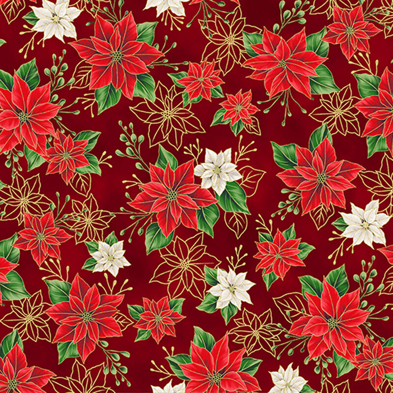 Red fabric with small vibrant red and white poinsettias with uncolored, outlined versions with metallic accents.