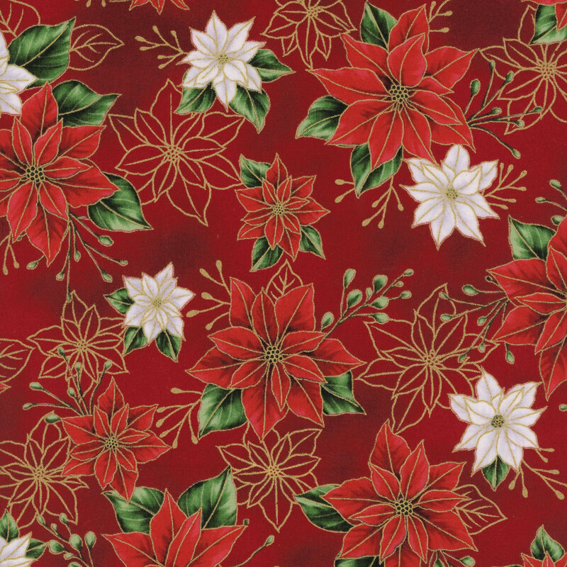 Red fabric with small vibrant red and white poinsettias with uncolored, outlined versions with metallic accents.