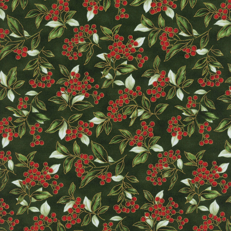 Hunter green fabric with a dense pattern of winterberries and metallic accents.