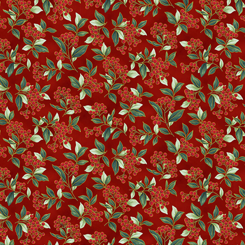 Red fabric with a dense pattern of winterberries and metallic accents.