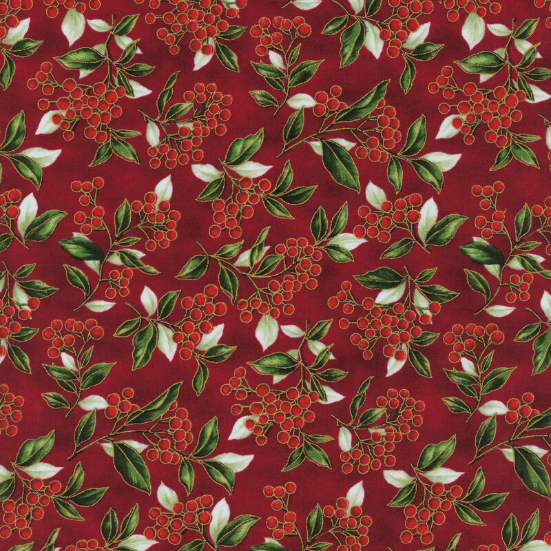 Red fabric with a dense pattern of winterberries and metallic accents.