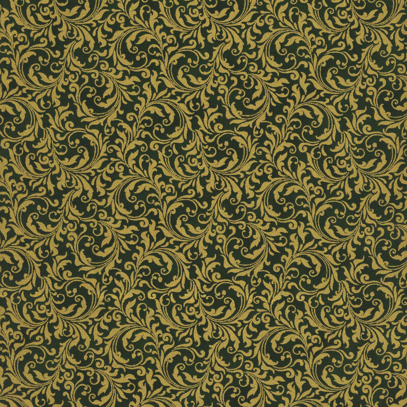 Green fabric with an intricate filigree pattern and metallic gold accents.