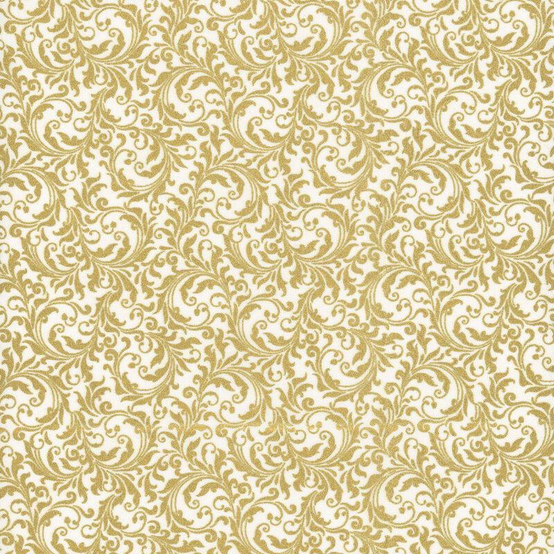 Cream fabric with an intricate filigree pattern and metallic gold accents.