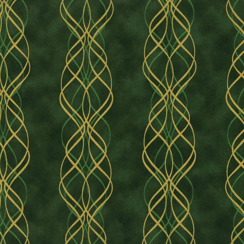 Mottled hunter green fabric with ornate, wavy stripes running along the design with metallic accents.