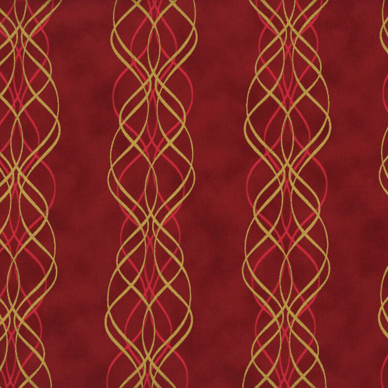 Mottled red fabric with ornate, wavy stripes running along the design with metallic accents.