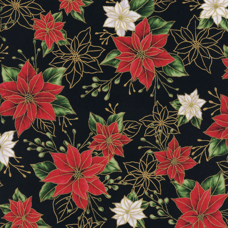 Black fabric with small vibrant red and white poinsettias with uncolored, outlined versions with metallic accents.