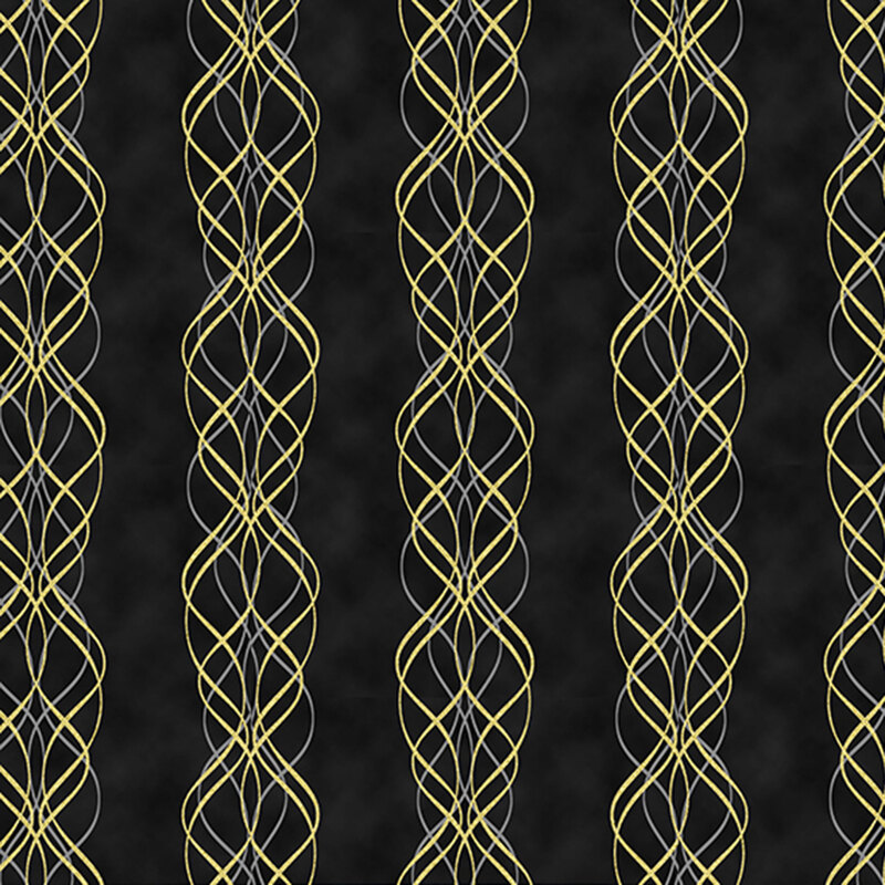 Mottled black fabric with ornate, wavy stripes running along the design with metallic accents.