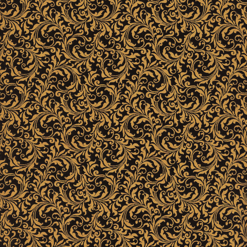 Black fabric with an intricate filigree pattern and metallic gold accents.