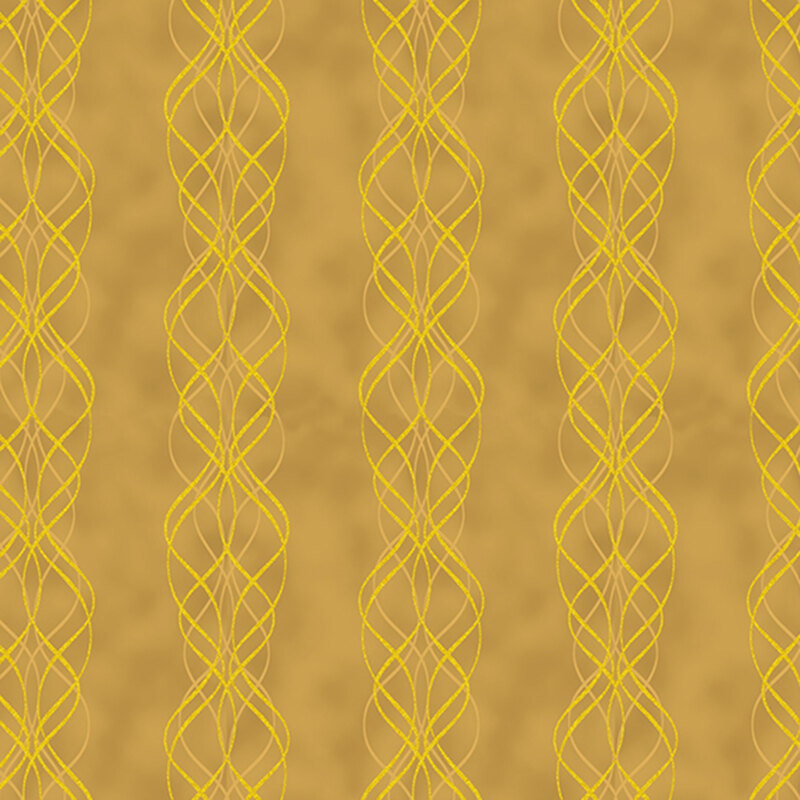 Mottled gold fabric with ornate, wavy stripes running along the design with metallic accents.