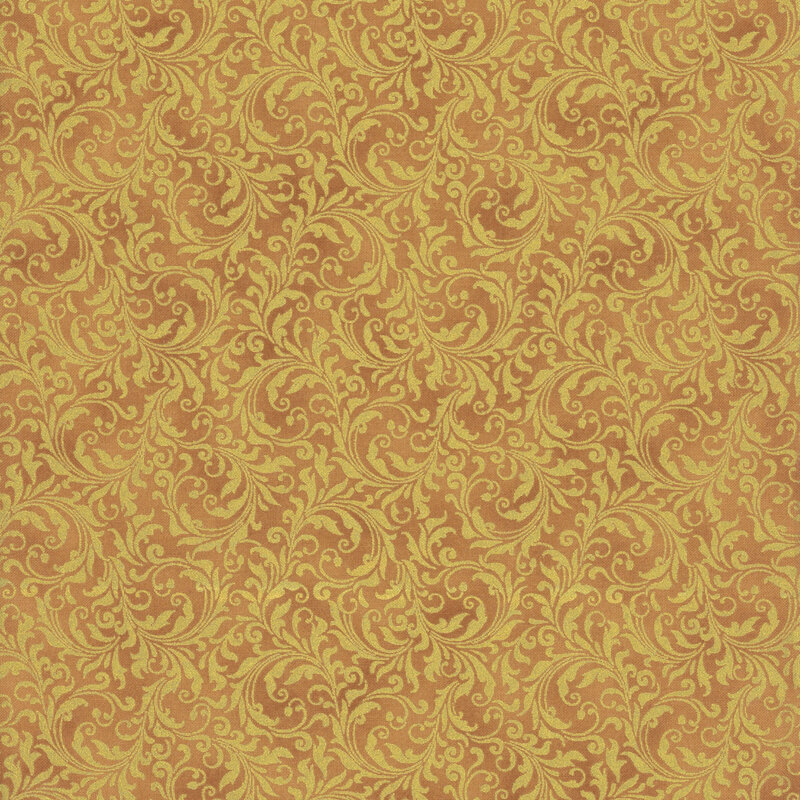 Gold fabric with an intricate filigree pattern and metallic gold accents.