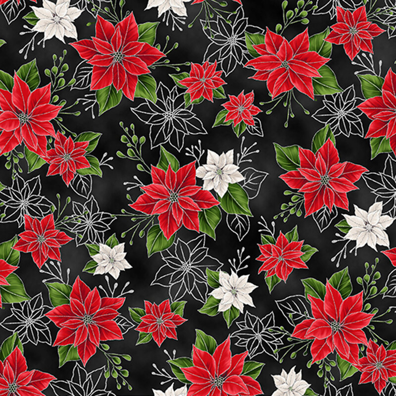 Black fabric with small vibrant red and white poinsettias with uncolored, outlined versions with metallic accents.