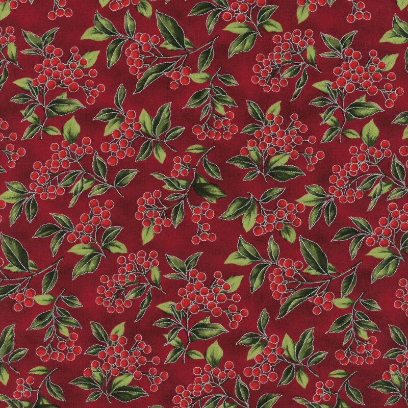 Red fabric with a dense pattern of winterberries and metallic accents.