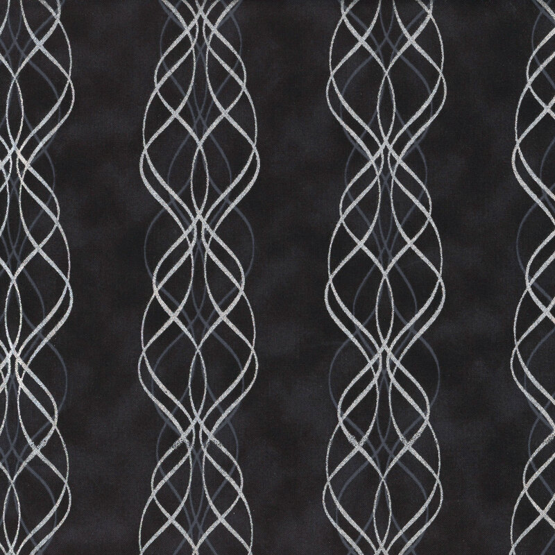 Mottled black fabric with ornate, wavy stripes running along the design with metallic accents.