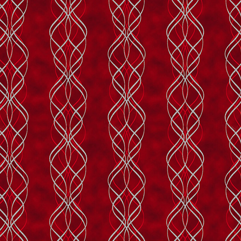 Mottled red fabric with ornate, wavy stripes running along the design with metallic accents.