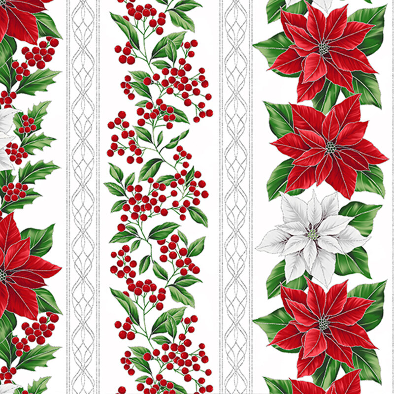 Red and white poinsettias, holly berries, and green leaves on a white background with metallic accents and ornate stripes running across the fabric.