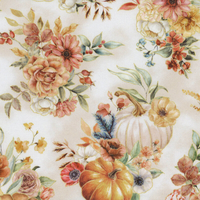 Fabric featuring various flowers and pumpkins in warm tones on a cream background.