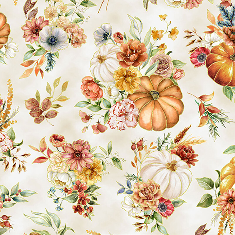 Fabric featuring various flowers and pumpkins in warm tones on a cream background.