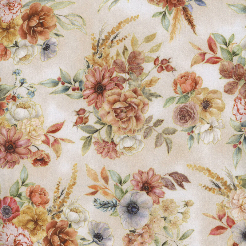 Fabric in a pattern of colorful flowers, including roses and anemones, on a light cream background.