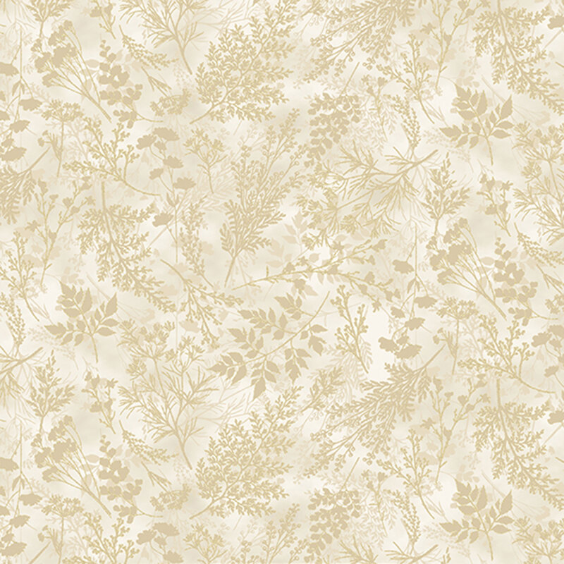 Beige fabric with delicate, tonal sprigs and leaves.