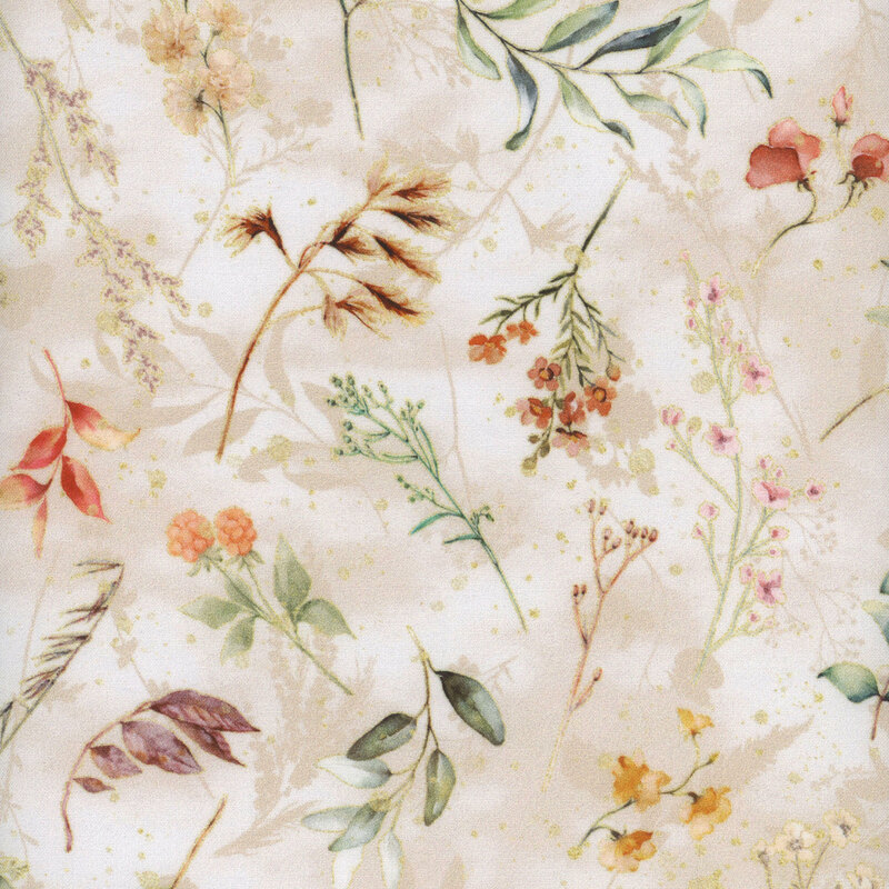 Cream fabric with various sprigs and flowers on a shadowed background.