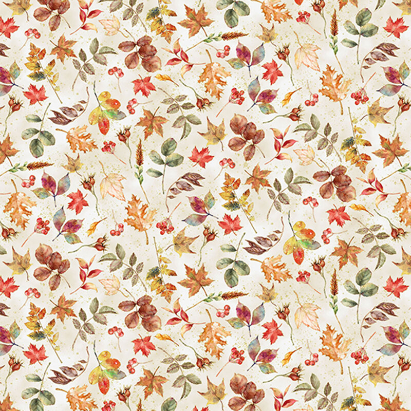 Cream fabric with various colorful scattered fall leaves.