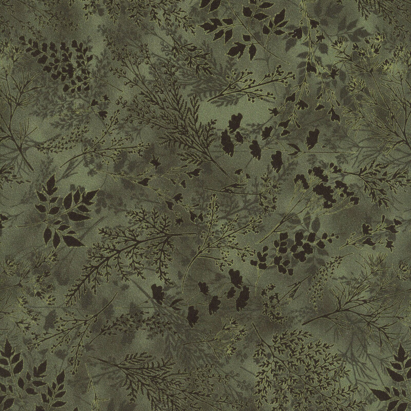 Green fabric with delicate, tonal sprigs and leaves.