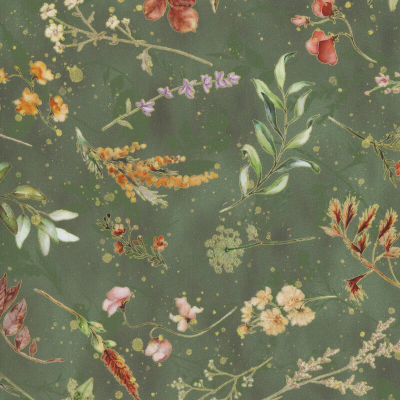 Gray-green fabric with various sprigs and flowers on a shadowed background.